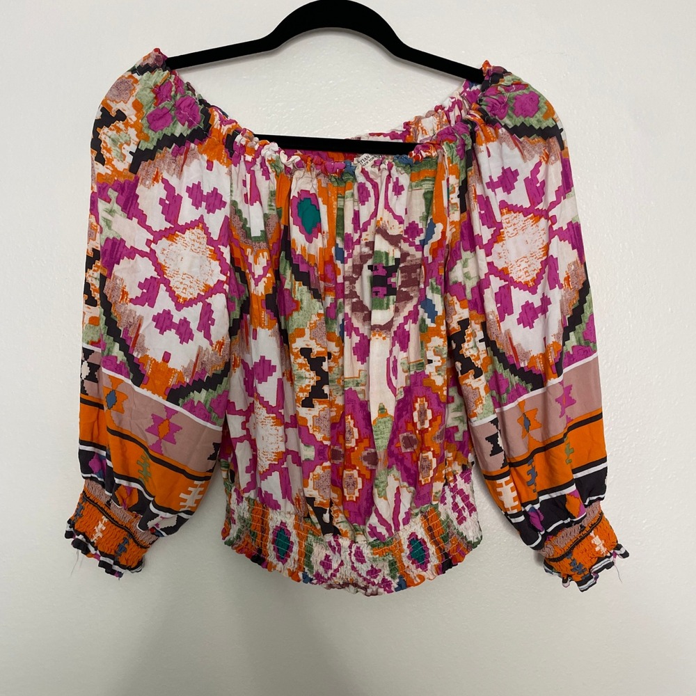 Christian Siriano Blouse Multi Geometric Off Shoulder Smocked Boho Top Sz M